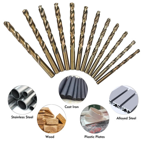 115 Piece Cobalt Drill Bits Set With High Speed Steel 135 Degree Point for Metal, Plastic, Wood, displayed with material examples