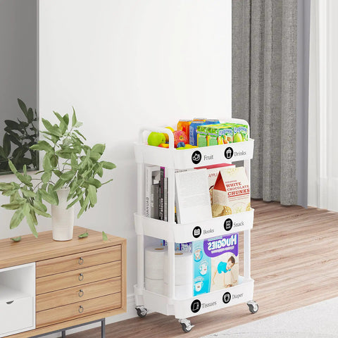 Three Tier Rolling Cart With Wheels For Kitchen Bathroom Laundry Storage, All Purpose Utility Organizer On Wheels, loaded with items.