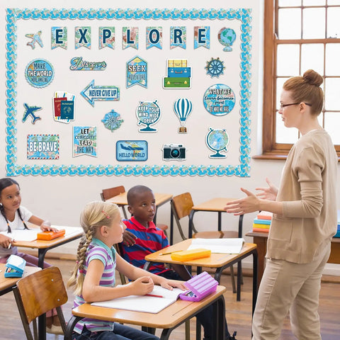 Classroom with Travel The Map Bulletin Board Set For Classroom Decor With World Map Borders Adventure Cutouts displayed on wall.