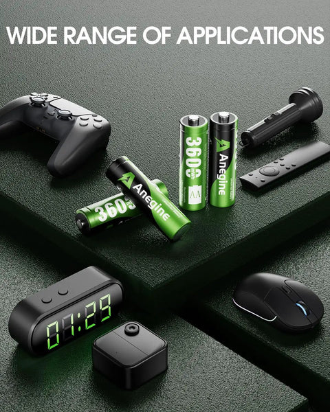 Rechargeable AA Lithium Batteries With 12 Slot Charger Pack Of 12, shown with gaming controller, camera, green.