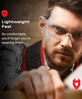 Man wearing Lightweight Protective Safety Glasses With ANSI Z87.1 Rating, Clear Anti Fog Lenses, Scratch Resistant, Built For All Day Comfort Indoors And Outdoors, Heavy Duty 10 Pack, close-up view showing lightweight feel and comfort.
