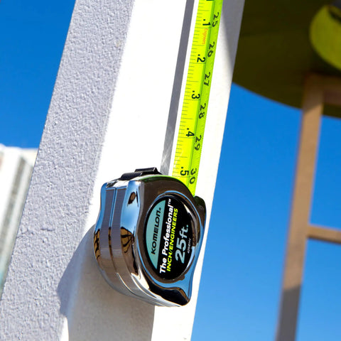 High Visibility Pro Tape Measure Workhorse with Inch and Engineer Scale, 25 Feet by 1 Inch, chrome case on jobsite post