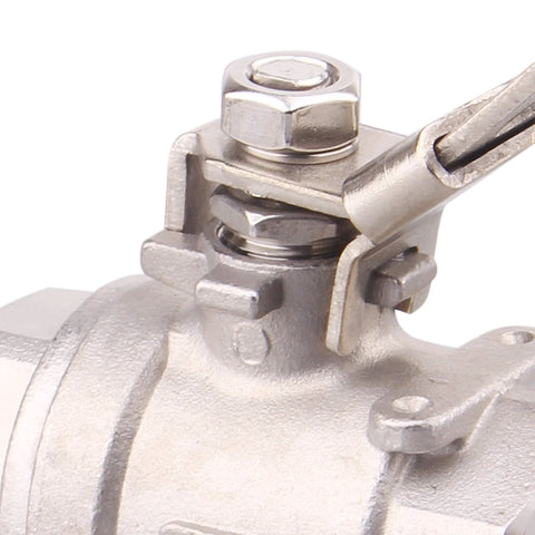 Close-up of stainless steel 304 ball valve with locking device, 3/4" NPT, full-port.