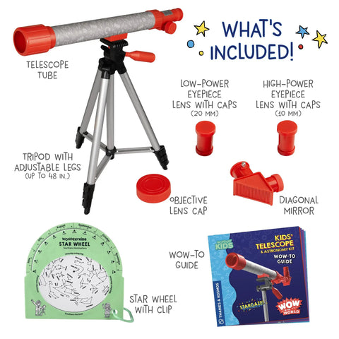 Kid Friendly Telescope And Astronomy Kit With 25X And 50X Magnification, Adjustable 48 Inch Tripod, Star Wheel, And Companion Audio Content, A Fun Starter Set For Exploring The Moon, Planets, And Stars For Ages 6 And Up components shown.