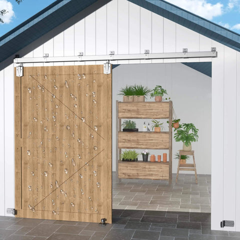 12 Ft Heavy Duty Exterior Barn Door Hardware Kit For Outdoor Use, Box Rail System With 450 Lb Capacity, Silver Finish, Installed on Shed