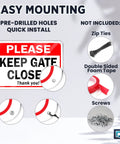 Two Pack Keep Gate Closed Signs, 7 By 10 Inch Reflective Aluminum Gate Signs For Outdoor Fences with pre-drilled holes