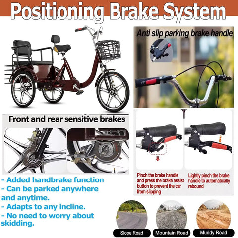 Three Wheel Pedal Tricycle Cruiser for Seniors and Adults with hydraulic front fork and dual brakes positioning system