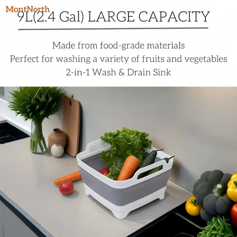 Collapsible Wash Basin 9L With Drain Plug Foldable Dish Tub for On The Go Camping and RV Kitchen on countertop with vegetables