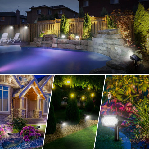 Solar Spot Lights Outdoor Six Pack Waterproof IP65 Wireless Wall Lights illuminating pool, garden, house, and pathway at night.