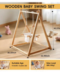 Wooden baby swing set with measurements, showing Canvas Indoor Outdoor Baby Swing For Infants To Toddler With 3 Point Safety Belt