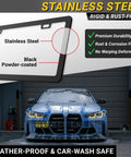 Slim Matte Black License Plate Frames 2 Pack, Rust Free Stainless Steel, Rattle Free Design in a car wash scene