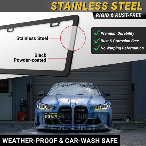 Slim Matte Black License Plate Frames 2 Pack, Rust Free Stainless Steel, Rattle Free Design in a car wash scene