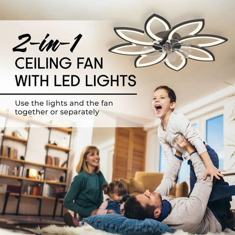 Family enjoying living room with modern ceiling fan with LED lights.