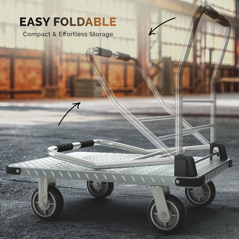 Heavy Duty 2200 Pound Capacity Foldable Push Cart Dolly with flat bed design and swivel wheels, shown in folding position for compact storage.