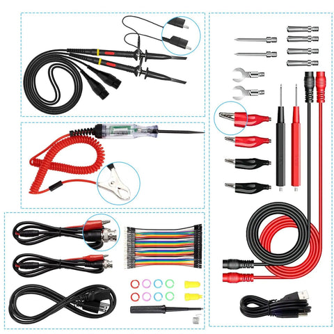 Assorted cables and probes for DSO2D15 Digital Storage Oscilloscope With 150MHz Bandwidth, 1GSa/s, in organized layout.