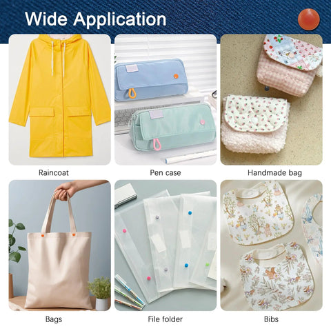 360 Sets T5 Snap Buttons No Sew Fasteners Kit With Pliers For Sewing Clothes And Fabric DIY Crafting, 24 Colors, 15 Sets Each Color, Easy Install used on various items including a raincoat, pen case, and bags.