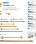 Detailed chart showing Davenport Champagne Bronze Cabinet Pull Six and a Half Inch Overall Length and various size options.