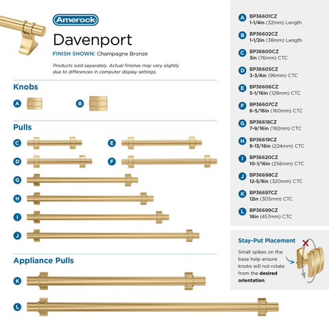 Detailed chart showing Davenport Champagne Bronze Cabinet Pull Six and a Half Inch Overall Length and various size options.