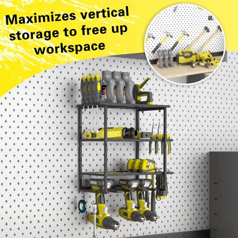 Must Have 4 Layer Power Tool Organizer Wall Mount With Heavy Duty Metal Shelves Cordless Drill Holder And Screwdriver Tray 300 Lb Capacity Space Saving Garage Storage Rack For Tools And Chargers visible on a garage wall with tools.
