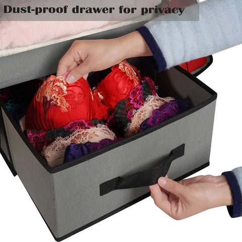 Person organizing bras in Beefy 66 Pound Capacity Hanging Closet Organizer with collapsible shelves in gray