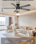No Fuss 52 Inch Low Profile Ceiling Fan With Lights Featuring Slick App And Remote Control For Fast Cooling And Bright Ambient Glow In Matte Black Finish in modern living room.