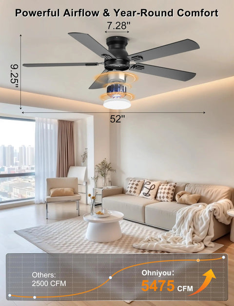 No Fuss 52 Inch Low Profile Ceiling Fan With Lights Featuring Slick App And Remote Control For Fast Cooling And Bright Ambient Glow In Matte Black Finish in modern living room.