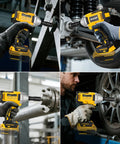 Pro Grade 1/2 Inch Cordless Impact Wrench Fits 20V Max Batteries being used on various mechanical tasks in a workshop.