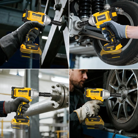 Pro Grade 1/2 Inch Cordless Impact Wrench Fits 20V Max Batteries being used on various mechanical tasks in a workshop.