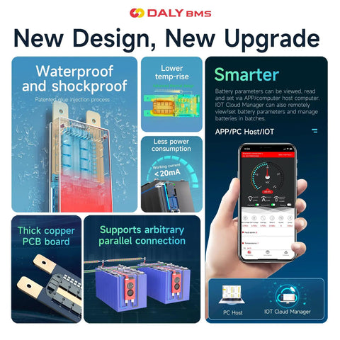 Pro Grade Heavy Duty Smart Battery Management System With Bluetooth Sync For Li Ion Power Packs 20S 72V 150A features waterproof design and monitoring app
