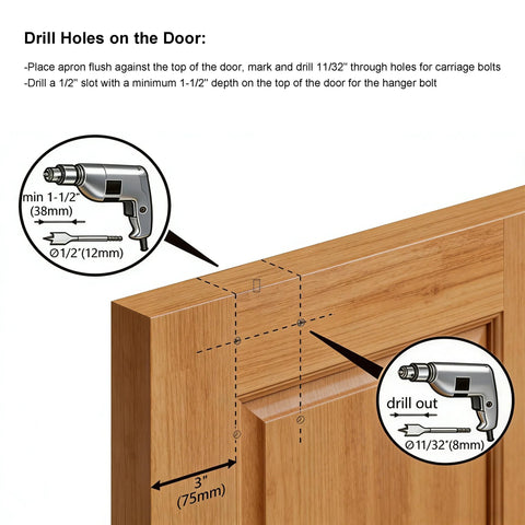 Drilling guide for Heavy Duty Exterior Sliding Door Roller Hanger Kit installation on wood door, diagram showing holes and measurements.
