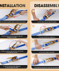 Installation and disassembly steps for Tough As Nails 2 Inch Ratchet Straps 20 Foot Tie Down Cargo Binders with dual steel J hooks.
