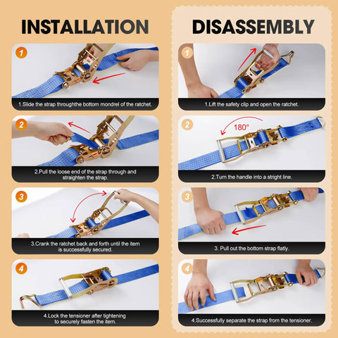Installation and disassembly steps for Tough As Nails 2 Inch Ratchet Straps 20 Foot Tie Down Cargo Binders with dual steel J hooks.