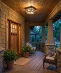 Stonington Outdoor Flush Mount Ceiling Light With 12 Inch Two Light Palladian Bronze Finish illuminating a cozy porch in evening light.
