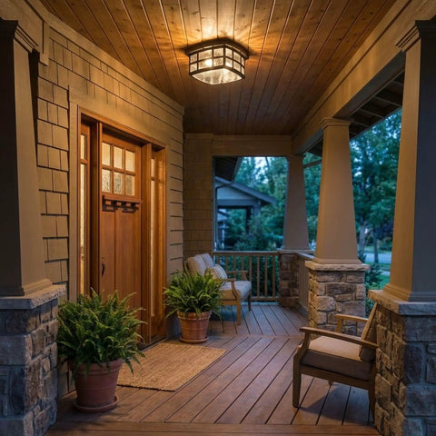 Stonington Outdoor Flush Mount Ceiling Light With 12 Inch Two Light Palladian Bronze Finish illuminating a cozy porch in evening light.