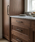 Oil Rubbed Bronze Cabinet Pulls 7 9 16 Inch Centers Six Pack Sleek Transitional Spindle Handles on wooden kitchen cabinets.