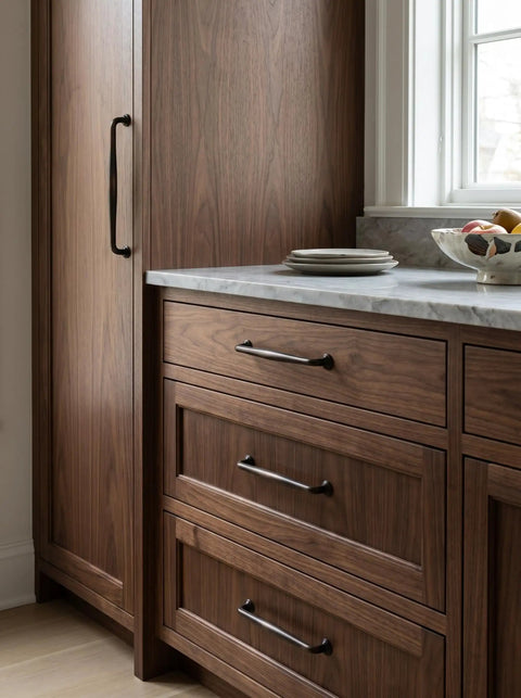 Oil Rubbed Bronze Cabinet Pulls 7 9 16 Inch Centers Six Pack Sleek Transitional Spindle Handles on wooden kitchen cabinets.