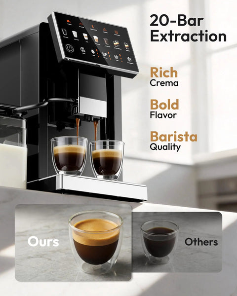 Smooth Morning Shots With This Fully Automatic Espresso Machine Featuring Built In Grinder Milk Frother Touch Screen Display Auto Self Clean 15 Settings 20 Bar Pressure Brews Daily Grinds showcasing 20-bar extraction and espresso quality.