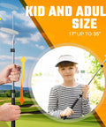 Adjustable Kids Putter With Extendable Shaft 17 To 35 Inches Right Handed Youth Golf Training Club shown with kid and adult sizes