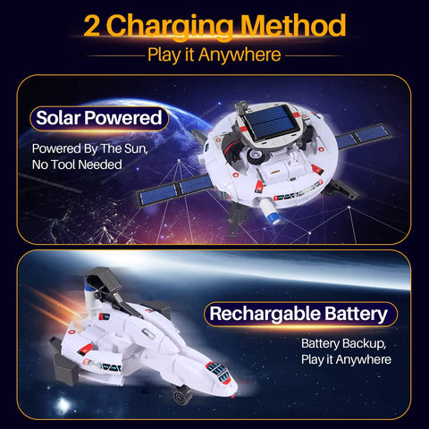 Solar Robot Science Kit For Kids Ages 8 To 14 Gift Set With Six Cool Buildable Robots That Move On Land, 120 Piece STEM Toys For Boys And Girls Teens 9 10 11 12 13, Inspiring Science Exploration And Creative Experiments. White solar robot with solar panel and rechargeable battery