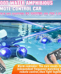 3 In 1 Amphibious RC Car Boat And Water Gun Set with glowing wheels and water stream, showcased by a pool with remote control in hand