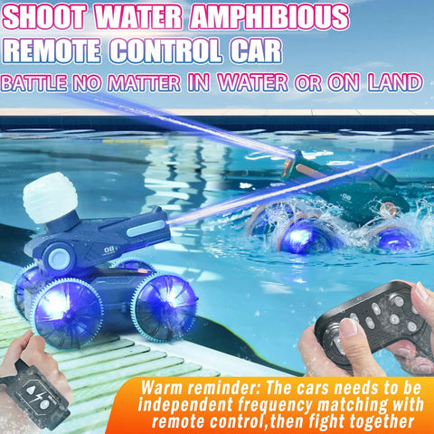 3 In 1 Amphibious RC Car Boat And Water Gun Set with glowing wheels and water stream, showcased by a pool with remote control in hand