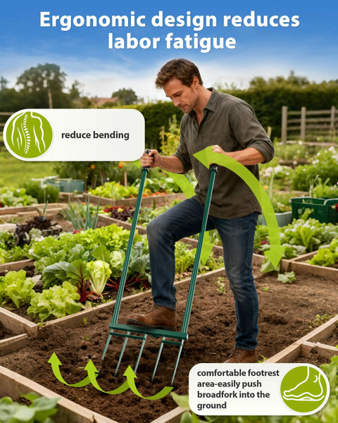 Man using Beast Mode 5 Tine Broad Fork Garden Tool With A 58 Inch Ergonomic Handle to cultivate raised garden bed.