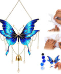 Butterfly Wind Chime Craft Kit In Blue Acrylic Base With Upright Metal Wire, No-Brainer Beginner-Friendly Sand Art Set For Easy Pattern Building And Color Blending, Create Unique Home Decor Or Gift. Blue butterfly wind chime with gold chain and bell