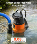 Heavy Duty Submersible Water Pump Delivers Knockout 3300GPH Flow With Zero Point Seven HP Motor on water with smart sensor hoses.