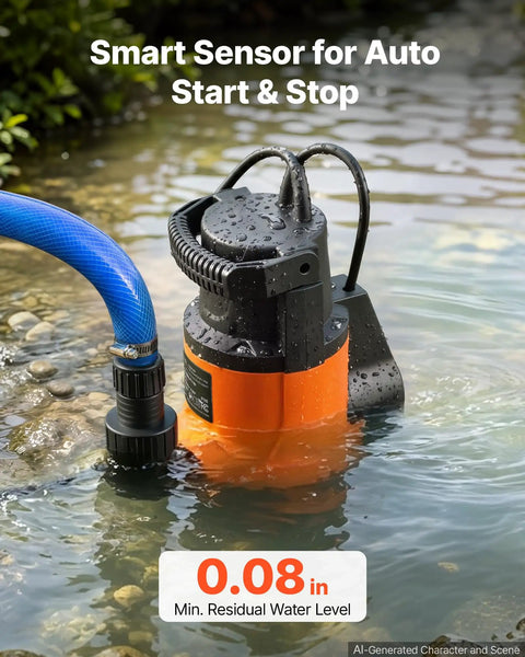 Heavy Duty Submersible Water Pump Delivers Knockout 3300GPH Flow With Zero Point Seven HP Motor on water with smart sensor hoses.