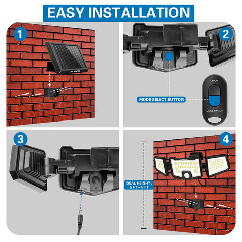 Installation steps for Solar Flood Lights With Motion Sensor, 2500LM Super Bright Outdoor Security Lights with remote and cable.