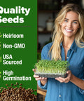 Woman holding tray of green sprouts, text listing features of Broccoli Sprout Seeds 8 Oz Bulk Heirloom Non GMO High Germination Sulforaphane Rich.