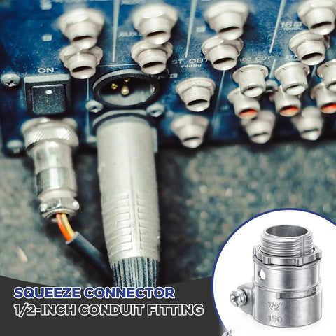 10-Pack Of Top-Shelf 1/2-Inch Squeeze Connectors For FMC And EMT Conduit Wiring shown in application with cable fitting.
