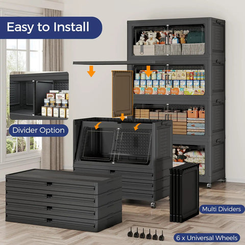 4 Tier Go To Stackable Storage Bins With Lids On Wheels 640 Qt Total Capacity, Large Black Drawer Organizer with dividers in room display