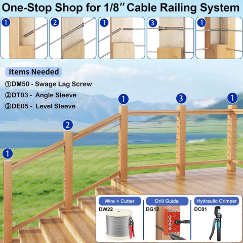 100 Pack T316 Stainless Steel Right And Left Handed Swage Lag Screws For Wood Posts One Eighth Inch Cable Railing Kit Hardware DIY Deck Railings Marine Grade Outdoor Railing Kit With Wrench Included DM50 installation guide on wooden deck with tools and accessories.